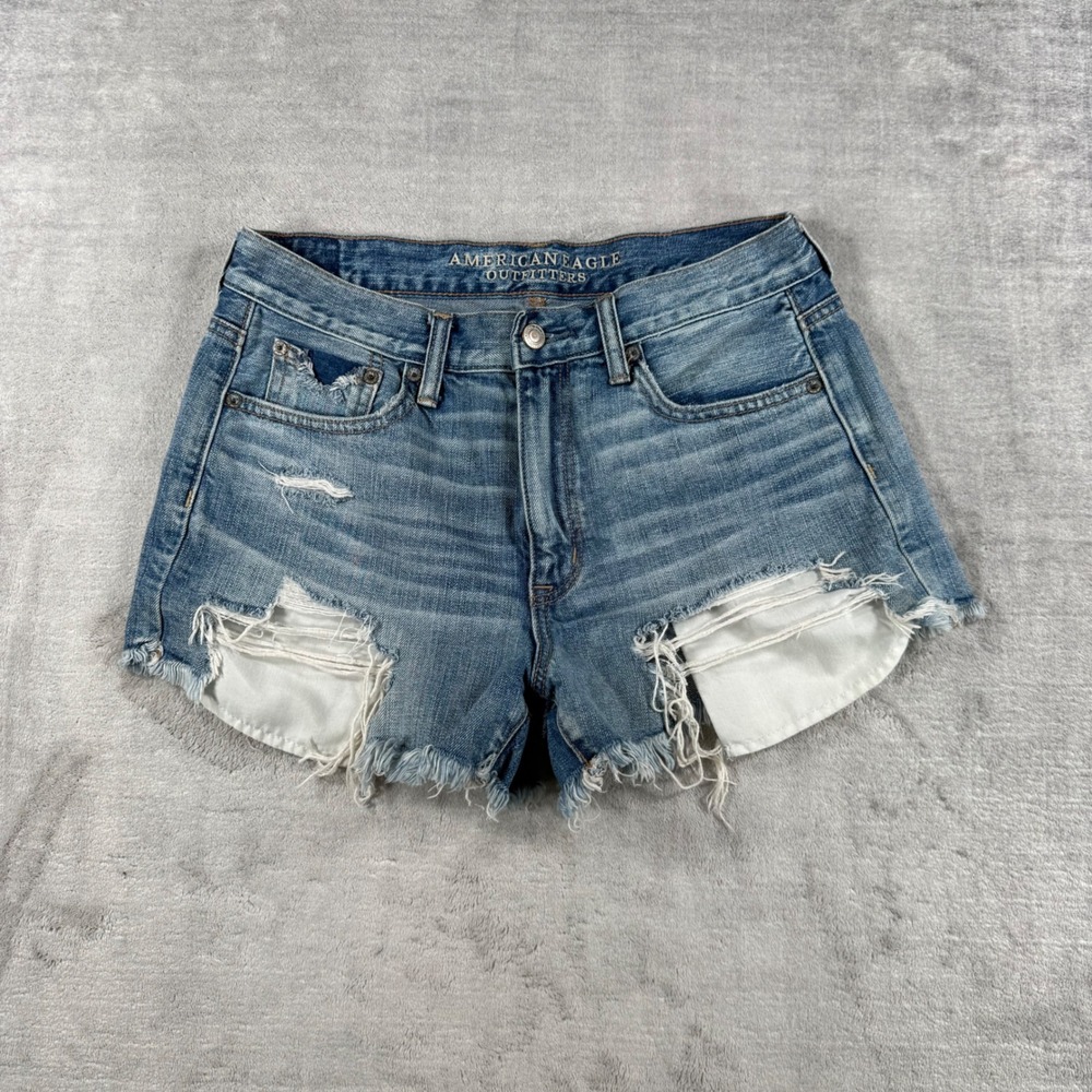 American Eagle Shorts Womens 8 Blue Vintage Hi Rise Festival Distressed Cut Off